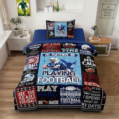 American Football Bedding Twin for Teen Boys, Kids Sports Comforter Set Bed in A Bag, Blue Children Bed Set with Sheets Twin Size