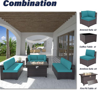 Patio Furniture Set with Fire Pit Table 8 PCS Outdoor Sectional Furniture Outdoor Rattan Patio Conversation Sets with 43in 55,000 BTU Propane Gas Fire Pit Table Glass Table, Blue