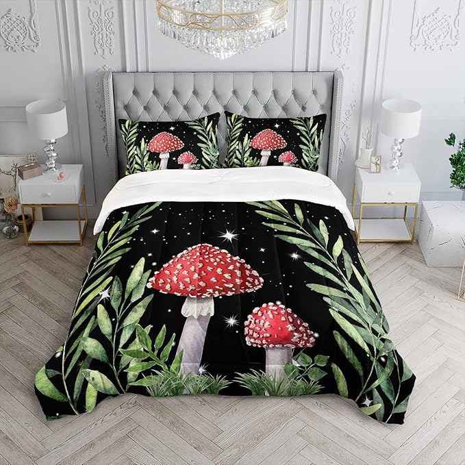 Galaxy Mushroom Comforter Set Twin Size Kids Mushroom Bedding Set Leaves Quilt Bed Set for Boys Girls Adults with 1 Comforter and 2 Pillowcases