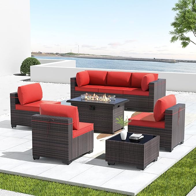 Kullavik 8 Pieces Outdoor Patio Furniture Set with 43" 55000BTU Gas Propane Fire Pit Table PE Wicker Rattan Sectional Sofa Patio Conversation Sets,Red