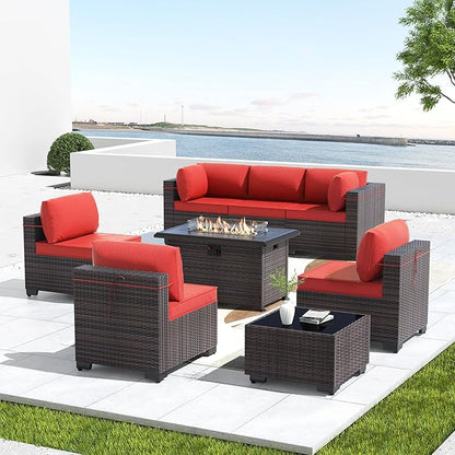 Kullavik 8 Pieces Outdoor Patio Furniture Set with 43" 55000BTU Gas Propane Fire Pit Table PE Wicker Rattan Sectional Sofa Patio Conversation Sets,Red