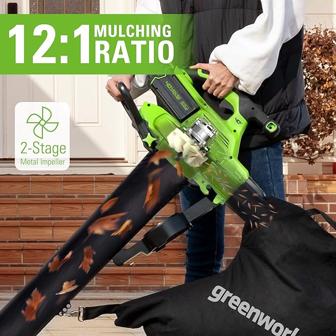Greenworks 40V (230 MPH / 505 CFM / 75+ Compatible Tools) Cordless Brushless Leaf Blower / Vacuum, Tool Only