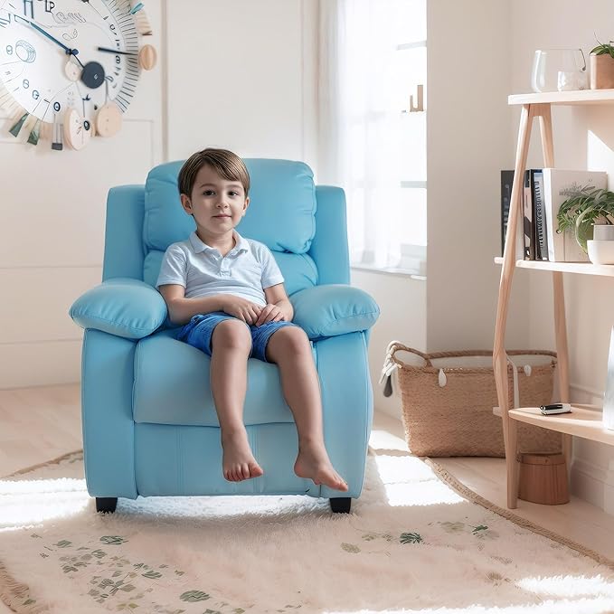 JC Home MACARON Kids Chair Leather Recliner Sofa Toddler Youth Children Child Ages 3-7, Small, Babyblue
