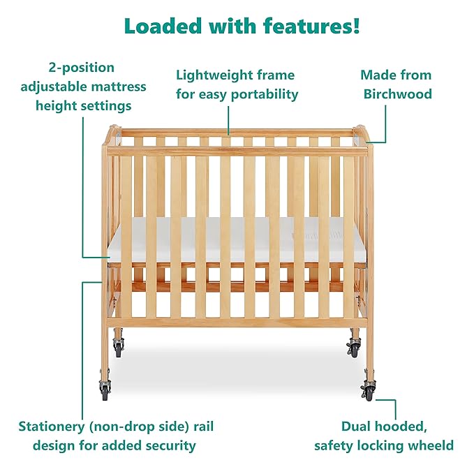 3-in-1 Folding Portable Crib and 3” Extra Firm Fiber Crib Mattress Bundle, Natural and Greenguard Gold Certified