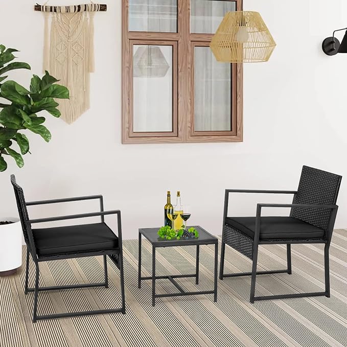 FDW Wicker Patio Chairs Rattan Bistro Set Outdoor Furniture for Backyard Porch Poolside Lawn, Cushion, Black and Black