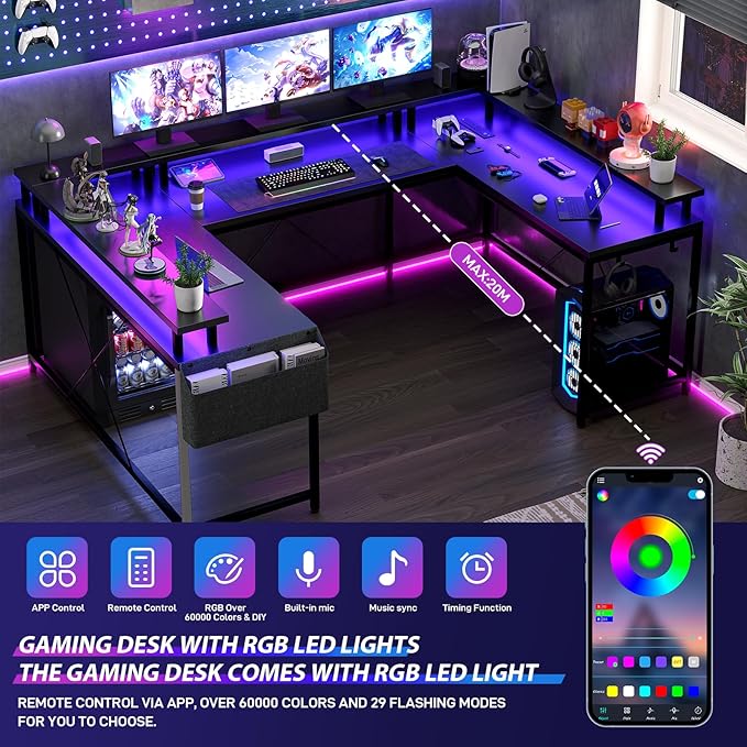 U Shaped Computer Gaming Desk, Reversible L Shaped Desk with Power Outlets, LED Strip & Monitor Stand, Large Corner Desk with Storage Shelves for Home Office, Black