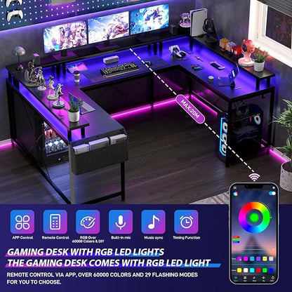 U Shaped Computer Gaming Desk, Reversible L Shaped Desk with Power Outlets, LED Strip & Monitor Stand, Large Corner Desk with Storage Shelves for Home Office, Black