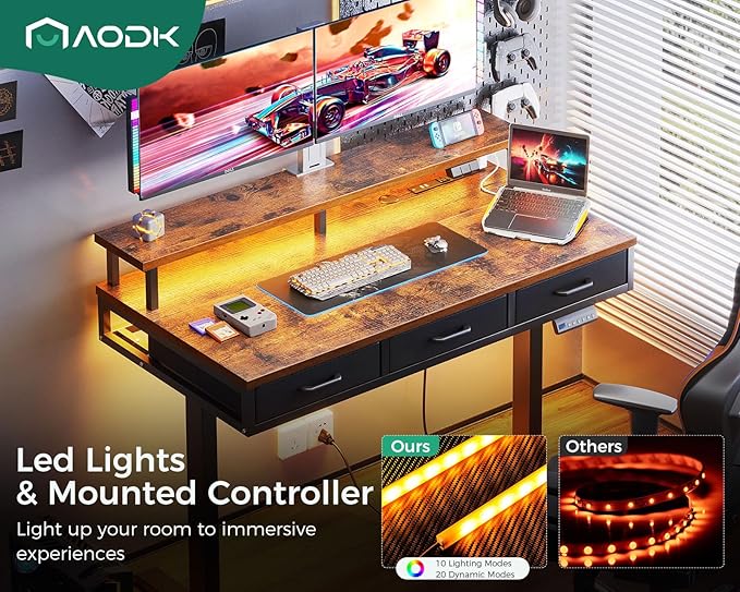 AODK 47 Inch Electric Standing Desk with 3 Drawers, Brown, Height Adjustable Desk with Power Outlets & LED Lights, Stand Up Desk with Monitor Shelf, Sit Stand Desk Computer Workstation