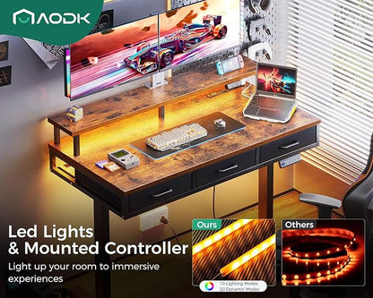 AODK 47 Inch Electric Standing Desk with 3 Drawers, Brown, Height Adjustable Desk with Power Outlets & LED Lights, Stand Up Desk with Monitor Shelf, Sit Stand Desk Computer Workstation