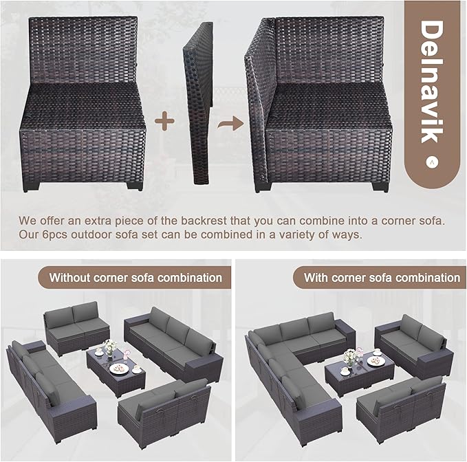 Patio Furniture Set Sofa 12-Pieces Wicker Sectional Sofa Set, Outdoor Furniture Rattan Patio Conversation Set with Thickened Cushions and Glass Coffee Table, Grey