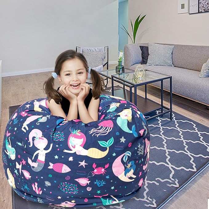 Stuffed Animal Storage Bean Bag Chair Cover, Hold Kids Plush Toys Blankets Towels Beanbag (Cover Only), Canvas Floor Circle Stuff Sit Seat Sofa with YKK Zipper, Extra Large 38", Mermaid