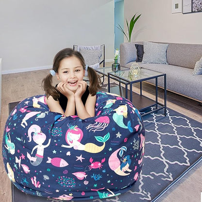 Stuffed Animal Storage Bean Bag Chair Cover, Hold Kids Plush Toys Blankets Towels Beanbag (Cover Only), Canvas Floor Circle Stuff Sit Seat Sofa with YKK Zipper, Extra Large 38", Mermaid