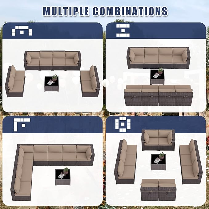 Patio Furniture Set 9PCS Outdoor Furniture for Backyard Wicker Sectional Sofa Set, Rattan Patio Conversation Set with Thickened Cushions and Glass Coffee Table, Sand