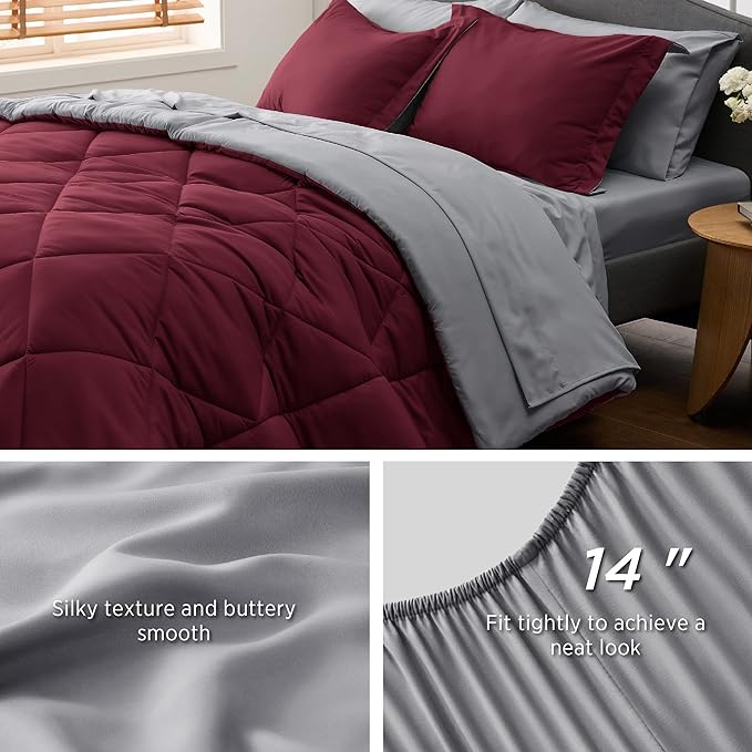 Bedsure Burgundy Full Size Comforter Set - 7 Pieces Reversible Full Bed in a Bag Full Bed Set with Comforters, Sheets, Pillowcases & Shams, Full Bedding Sets