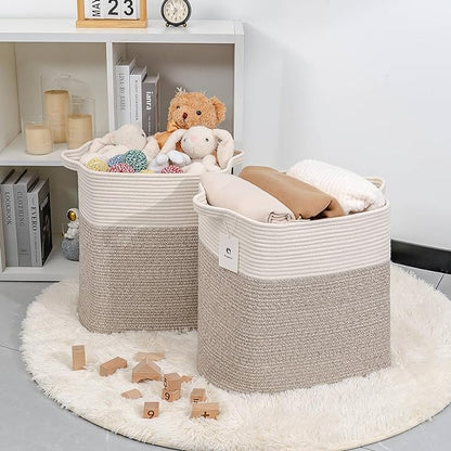 Toy Storage Baskets for Clothes Fabric Cotton Rope Storage Basket with Handles, Decorative Woven Basket for Living Room,Closet Organizer Blankets, and Toys (White Brown 2bags)