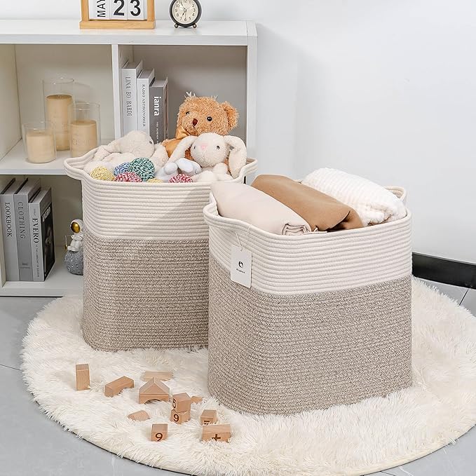 Extra Large Tall Basket Folding Bamboo Rectangle Handle Bins With Handle, Bathroom Dirty Clothes Basket, Bedroom, Toy, Pillows, Closet Organizer White Brown Collapsible Laundry Baskets