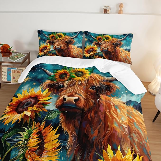 HOSIMA Highland Cow Comforter Set,Western Farmhouse Animals Cow and Sunflower Print Bedding Set 3Pcs with 2 Pillowcases,Galaxy Star Moon Comforter,Floral Comforter Full Size Bed in a Bag Set.