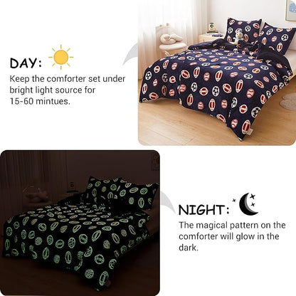 Mooreeke Glow in The Dark Twin Plush Fleece Comforter Bed Set, Soft & Warm 2 Piece Bed in A Bag with Sham, Velour Velvet Football Basketball Soccer Rugby Boys Kids Bedding Set, Fluffy Fuzzy Polar Cozy