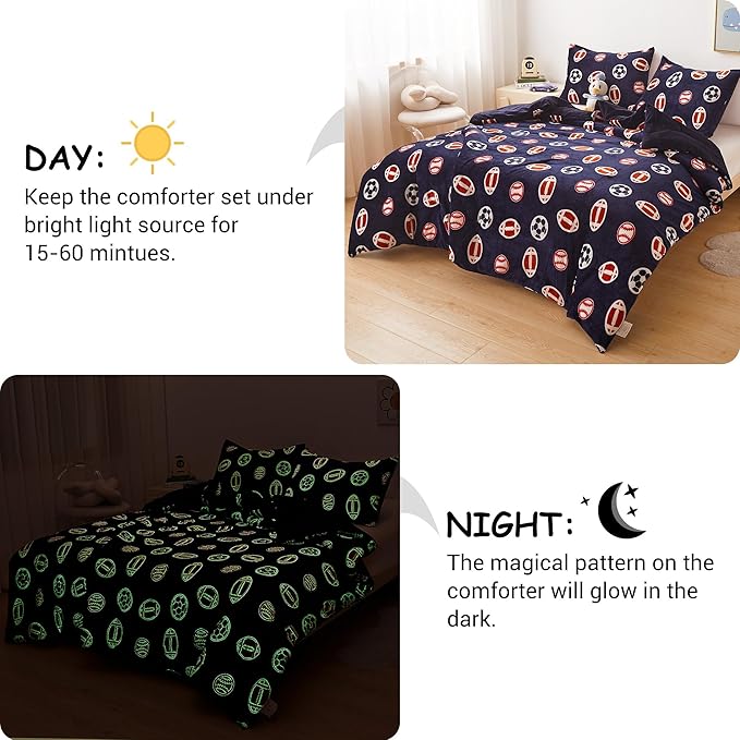 Mooreeke Glow in The Dark Full Plush Fleece Comforter Bed Set, Soft & Warm 3 Piece Bed in A Bag with Sham, Velour Velvet Football Basketball Soccer Rugby Boys Kids Bedding Set, Fluffy Fuzzy Polar Cozy