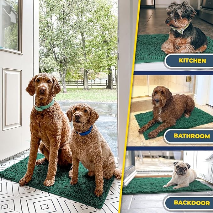 Muddy Mat® Shown on TV – Super Absorbent Microfiber Dog Door Mat for Muddy Paws, Non-Slip Washable Pet Rug, Quick Dry Chenille Entryway Carpet, Machine Washable Indoor Outdoor mat, Dark Green 72"x48"