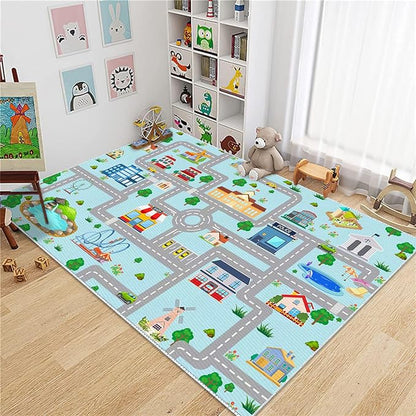 Kids Car Rug, 5' 3" x8' City Life Traffic Road Playmat for Toy Cars Trains, Non-Slip Race Track Carpet Educational Fun Area Rugs for Boy and Girl Bedroom Nursery