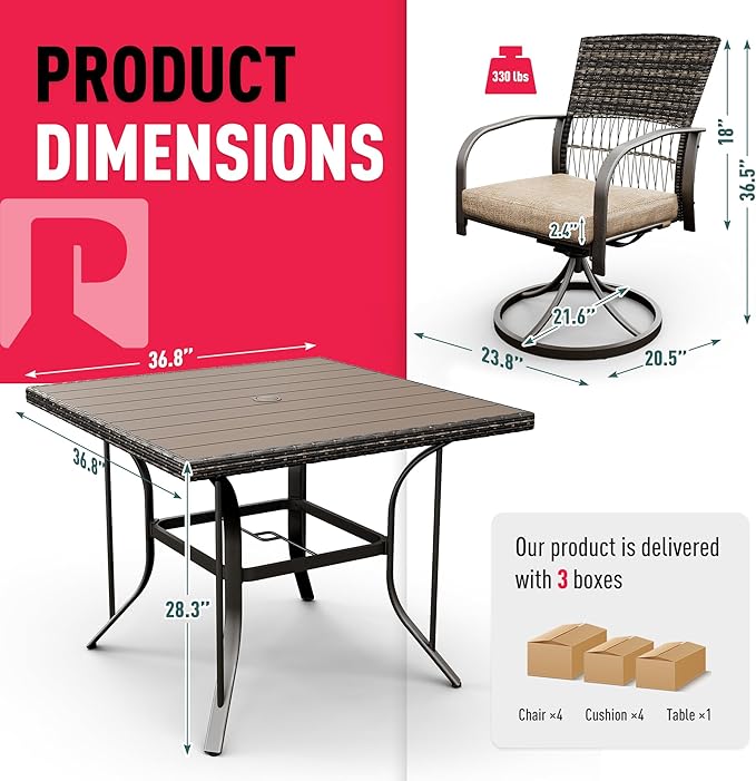 Pamapic 5 Piece Outdoor Dining Set, Rattan Outdoor Patio Furniture Set for Deck Backyard with Plastic-Wood Outdoor Dining Table, 4 Swivel Outdoor Dining Chairs and Removable Cushions (Beige)