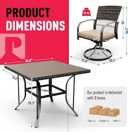 Pamapic 5 Piece Outdoor Dining Set, Rattan Outdoor Patio Furniture Set for Deck Backyard with Plastic-Wood Outdoor Dining Table, 4 Swivel Outdoor Dining Chairs and Removable Cushions (Beige)