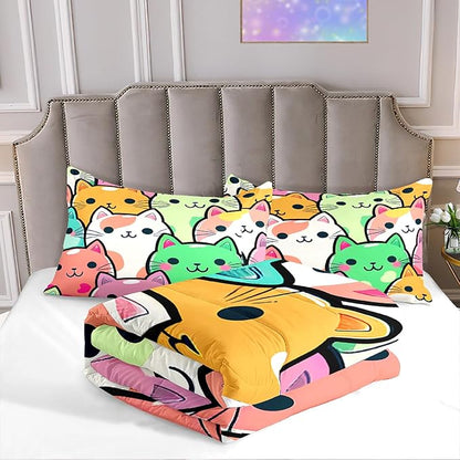 Cat Bedding Queen Size - Cat Comforter Set for Kids Girls Cartoon Cat Bedding Set Room Decor Teens Queen Comforter Sets for Girls, 1 Comforter+2 Pillowcases