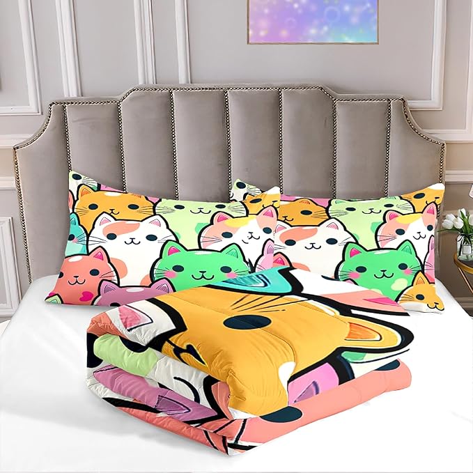 Cat Bedding Set - Full Size Comforter, 2 Pillowcases for Girls, Soft Breathable Polyester, Machine Washable, Cat Themed Bedding for Kids Room Decor, Birthday & Holiday Gift