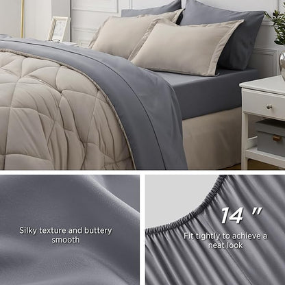 Bedsure Beige Full Comforter Set - 7 Pieces Reversible Bed Set Bed in a Bag Full with Comforters, Sheets, Pillowcases & Shams, Full Bedding Sets
