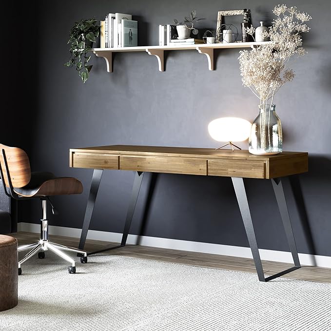 SIMPLIHOME Lowry SOLID WOOD and Metal Modern Industrial 54 inch Wide Home Office Desk, Writing Table, Workstation, Study Table Furniture in Distressed Golden Wheat with 2 Drawers