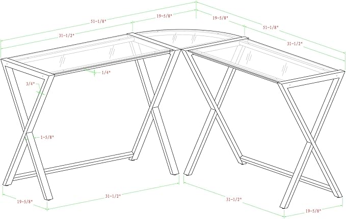 Walker Edison Wright Modern X Leg Glass Top Corner Computer Gaming L Shape Desk Home Office, 51 Inch, White