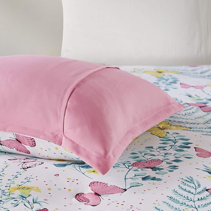 Mi Zone Kids Cynthia Comforter for Girls Microfiber Animal Butterfly Print, Modern All Season Down Alternative Kids Bed Set, Matching Sham, Decorative Pillow, Full/Queen, Pink 4 Piece