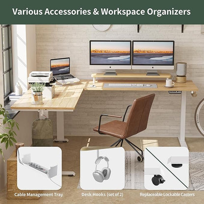 FEZIBO 75 Inches Triple Motor L Shaped Standing Desk Reversible, Electric Height Adjustable Corner Stand up Desk, Sit Stand Desk Computer Workstation, White Frame/Natural Top
