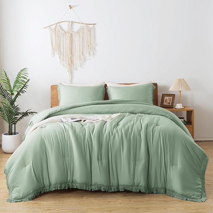 Andency Comforter King Size Bed Set Sage Green, 3 Pieces Boho Lightweight Winter Bedding Comforters & Sets, All Season Soft Tassel Bed Set (104x90In Comforter & 2 Pillowcases)