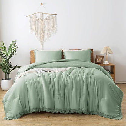 Andency Twin Comforter Set Sage Green, 2 Pieces Kids Comforter Sets for Boys Girls Teens, Boho Tassel Lightweight Winter Fluffy Bed Set (66x90In Comforter & 1 Pillowcase)
