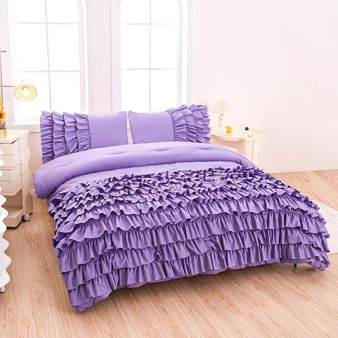Purple Comforter Set Full Size, Light Purple Boho Ruffle Bedding Set, 3Pcs Kids Girls Full Size Bedding Sets for All Season