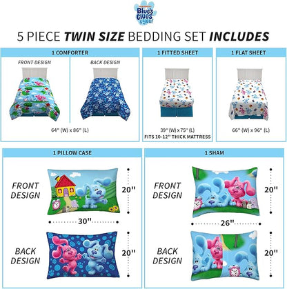 Franco Kids Bedding Super Soft Comforter and Sheet Set with Sham, 5 Piece Twin Size, Blues Clues