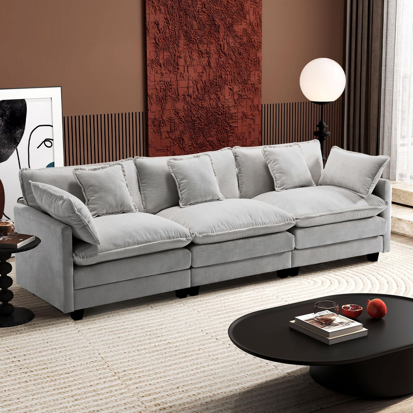 Ihanherry 111.4" L Shaped Modern Sofa Modular Sectional Cloud Couch with Ottoman, 4-Seat Chenille Deep Seat Sofa with Pillow for Living Room, Bedroom and Apartment, Beige