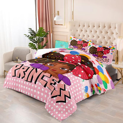 Black Girl Queen Comforter Set Black African American Girls Queen Comforter Set Princess Queen Bedding Set Room Decor Black Girl Kids Queen Bedding Sets for Girls, 1 Comforter+2 Pillowcases