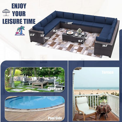 Patio Furniture Set 14-Piece Outdoor Furniture for Backyard Wicker Sectional Sofa Set, PE Rattan Patio Conversation Set 12 Seat with Thickened Cushions and Glass Coffee Tables, Navy Blue