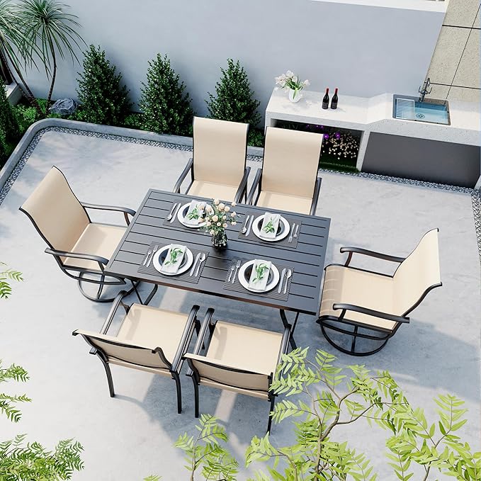 Pamapic 7 Pieces Patio Dining Set, Outdoor Dining Set for Garden Backyard Poolside Deck,Outdoor Table and Chairs Set with 4 Textilene Swivel Chairs ＆ 2 Regular Chairs,Beige