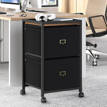File Cabinet with 2 Drawers, Mobile Filing Cabinet Fits Letter Size or A4, Fabric Vertical File Cabinet on Wheels, File Cabinet for Home Office, Small Under Desk Storage Cabinet, Black