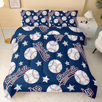 3D Baseballs Comforter King Size,Blue Baseball Kids Comforter Set,3Pcs Bedding Set Printed Comforter with 2 Pillowcases,Down Alternative,Soft and Lightweight,for All Seasons