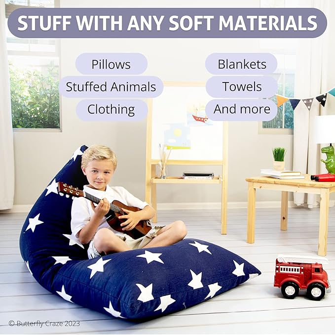 Butterfly Craze Bean Bag Chair Cover, Functional Toddler Toy Organizer, Fill with Stuffed Animals to Create a Jumbo, Comfy Floor Lounger for Boys or Girls, Stuffing Not Included, Navy Stars
