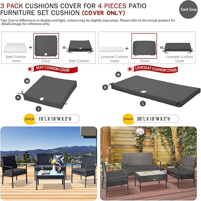 ClawsCover 3Pack Outdoor Seat Cushions Replacement Covers Fit for 4 Pieces Wicker Rattan Furniture Patio Conversation Set Loveseat Chair,38x19x2,19x19x2,Dark Gray-Large (Include Cover Only)