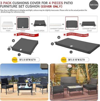 ClawsCover 3Pack Outdoor Seat Cushions Replacement Covers Fit for 4 Pieces Wicker Rattan Furniture Patio Conversation Set Loveseat Chair,38x19x2,19x19x2,Dark Gray-Large (Include Cover Only)
