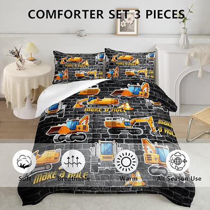 Axolotl Excavator Bedding Set Full Size,Yellow Excavator Bed Comforter for Kids Boys Teens,Tractor Truck Bedding Set for Boys,Construction Bedding Set for Boys,1 Quilt 2 Pillowcases,Deep Grey