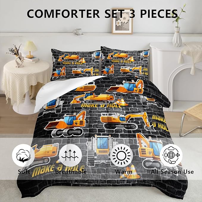 Axolotl Excavator Bedding Set Twin Size,Yellow Excavator Bed Comforter for Kids Boys Teens,Tractor Truck Bedding Set for Boys,Construction Bedding Set for Boys,1 Quilt 2 Pillowcases,Deep Grey