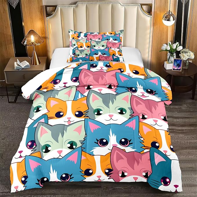 Cat Twin Comforter Set for Girls - Neon Cat Bedding Set for Girls Bedroom Cartoon Cats Twin Bedding Set for Room Ultra Soft Black Neon Cat Quilt and 1 Pillowcase Kids Girls Room Decor, Twin Size